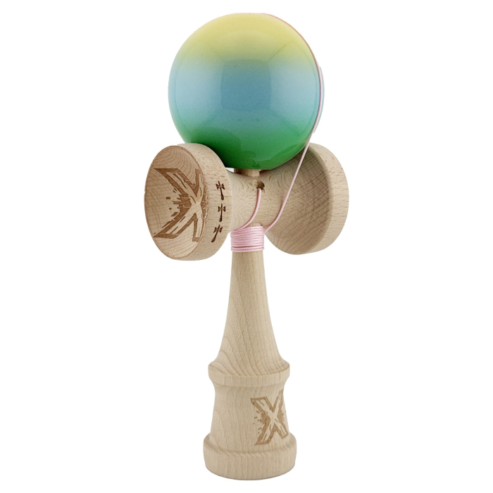 Kendama X Originala, Profesionala, Flippy, Big Cups V2, Super Sticky Cupe Mari, Rulment Metalic cu Ata 55 cm, Galben/Albastru deschis/Verde [2]