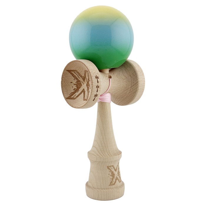 Kendama X Originala, Profesionala, Flippy, Big Cups V2, Super Sticky Cupe Mari, Rulment Metalic cu Ata 55 cm, Galben/Albastru deschis/Verde [10]