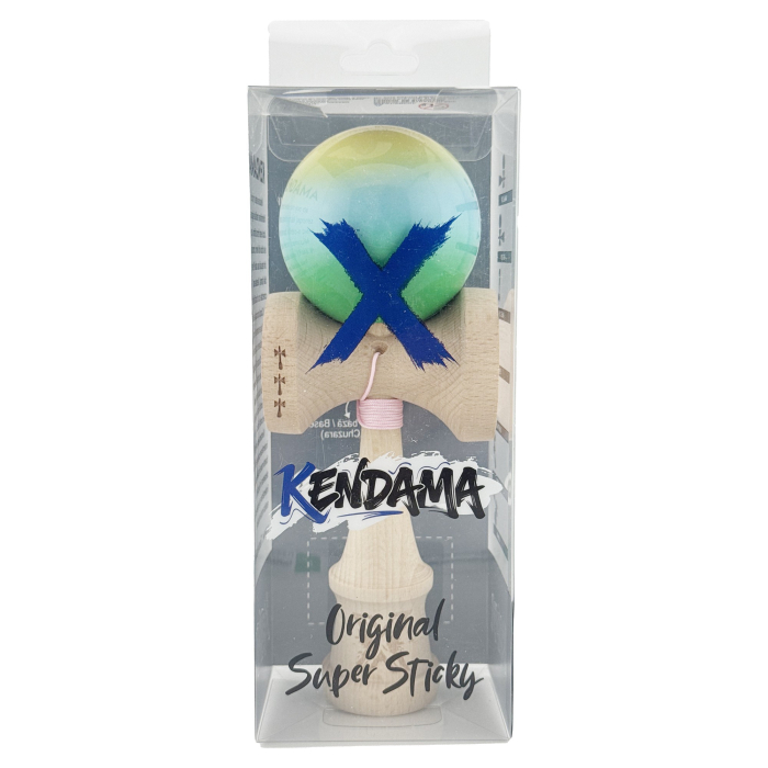 Kendama X Originala, Profesionala, Flippy, Big Cups V2, Super Sticky Cupe Mari, Rulment Metalic cu Ata 55 cm, Galben/Albastru deschis/Verde [5]