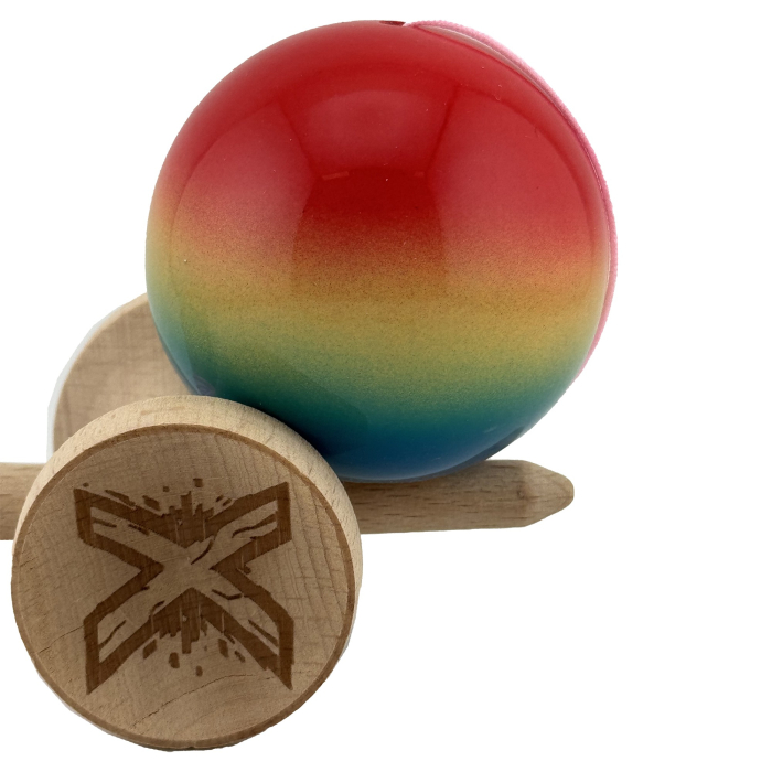 Kendama X Originala, Profesionala, Flippy, Big Cups V2, Super Sticky Cupe Mari, Rulment Metalic cu Ata 55 cm, Rosu/Galben/Albastru [8]