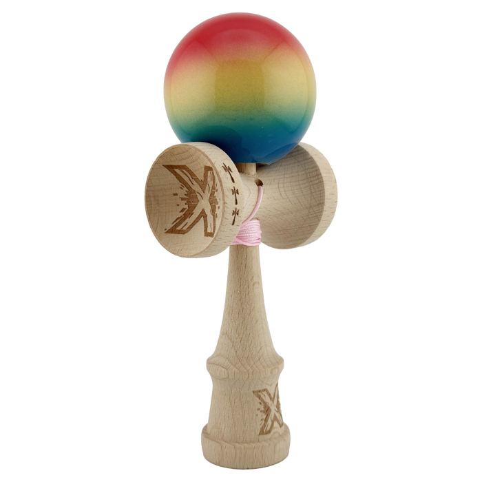 Kendama X Originala, Profesionala, Flippy, Big Cups V2, Super Sticky Cupe Mari, Rulment Metalic cu Ata 55 cm, Rosu/Galben/Albastru [10]