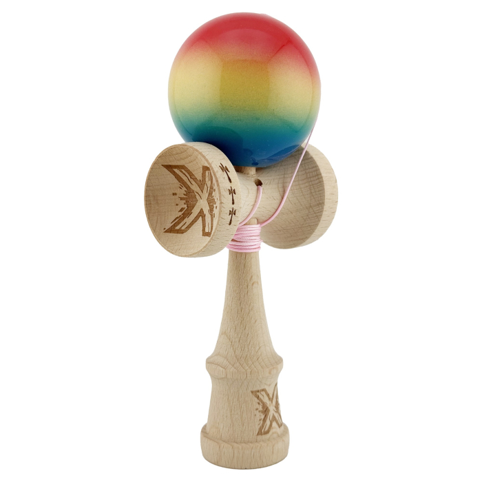 Kendama X Originala, Profesionala, Flippy, Big Cups V2, Super Sticky Cupe Mari, Rulment Metalic cu Ata 55 cm, Rosu/Galben/Albastru [2]