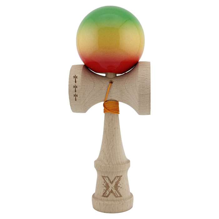 Kendama X Originala, Profesionala, Flippy, Big Cups V2, Super Sticky Cupe Mari, Rulment Metalic cu Ata 55 cm, Verde/Galben/Rosu [1]