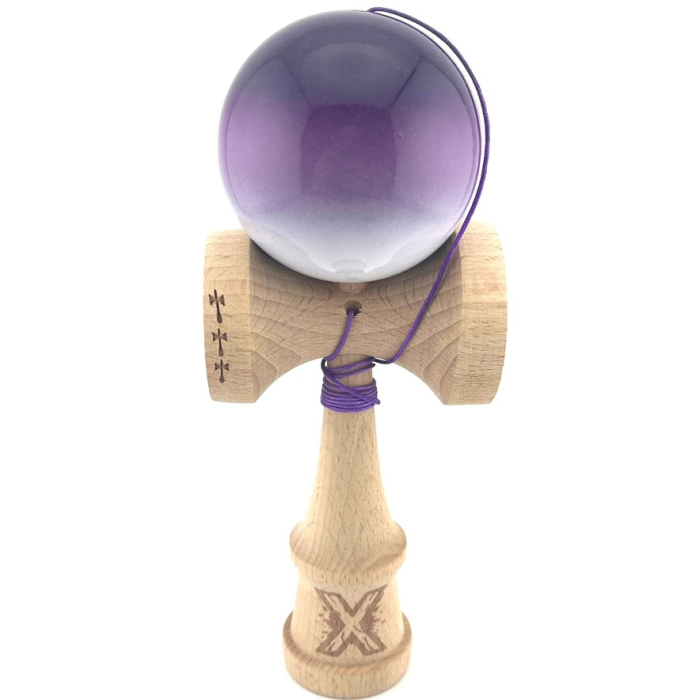 Kendama X Originala, Profesionala, Flippy, Big Cups V2, Super Sticky cu Cupe Mari, din lemn 18 cm, Rulment Metalic cu Ata 55 cm, Mov/Alb [1]