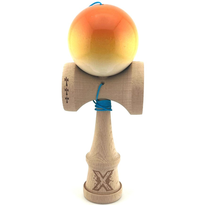 Kendama X Originala, Profesionala, Flippy, Big Cups V2, Super Sticky cu Cupe Mari, din lemn 18 cm, Rulment Metalic cu Ata 55 cm, Portocaliu/Galben/Alb [1]