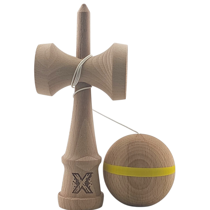 Kendama X Originală, Profesională, Flippy, din Lemn, 18 cm, cu Dunga, Galben, Lemn [2]