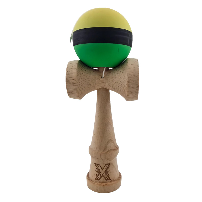 Kendama X Originala, Profesionala, Flippy, din Lemn, Rubber Grip, 18 cm, Galben/Negru/Verde [1]
