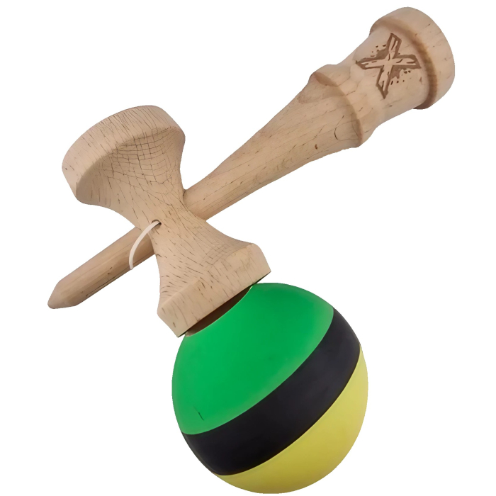 Kendama X Originala, Profesionala, Flippy, din Lemn, Rubber Grip, 18 cm, Galben/Negru/Verde [2]