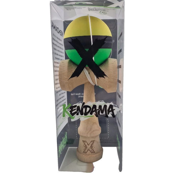 Kendama X Originala, Profesionala, Flippy, din Lemn, Rubber Grip, 18 cm, Galben/Negru/Verde [3]