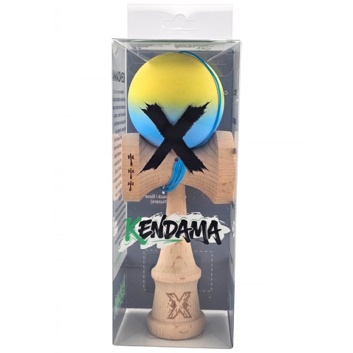 Kendama X Originala, Profesionala, Flippy, din Lemn, Big Cups, Rubber Grip, 18 cm, Galben/Albastru [1]