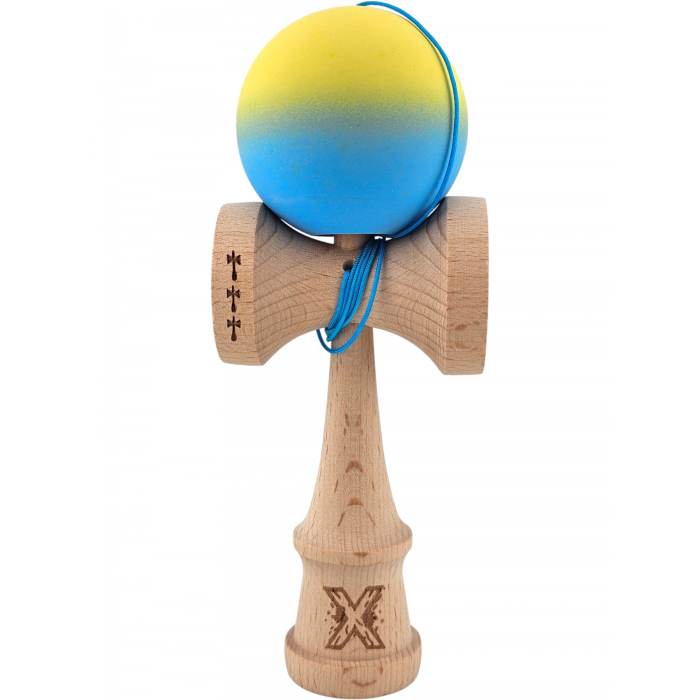 Kendama X Originala, Profesionala, Flippy, din Lemn, Big Cups, Rubber Grip, 18 cm, Galben/Albastru [2]