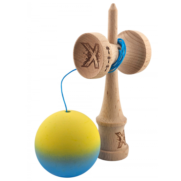 Kendama X Originala, Profesionala, Flippy, din Lemn, Big Cups, Rubber Grip, 18 cm, Galben/Albastru [3]