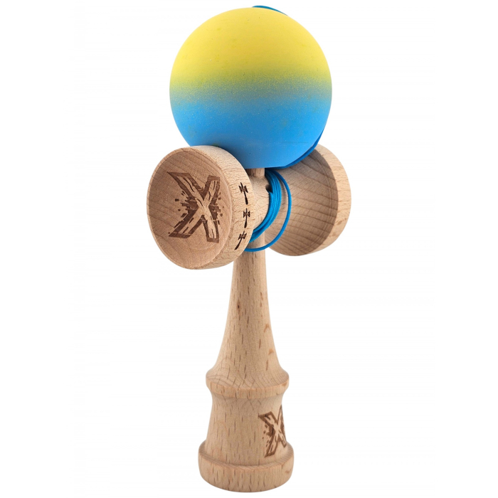 Kendama X Originala, Profesionala, Flippy, din Lemn, Big Cups, Rubber Grip, 18 cm, Galben/Albastru [4]