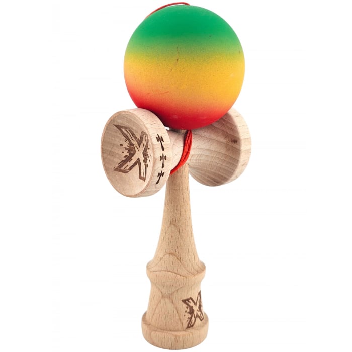 Kendama X Originala, Profesionala, Flippy, din Lemn, Big Cups, Rubber Grip, 18 cm, Verde/Galben/Rosu [3]