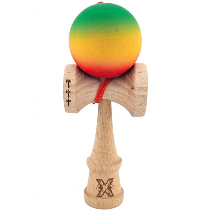 Kendama X Originala, Profesionala, Flippy, din Lemn, Big Cups, Rubber Grip, 18 cm, Verde/Galben/Rosu [4]