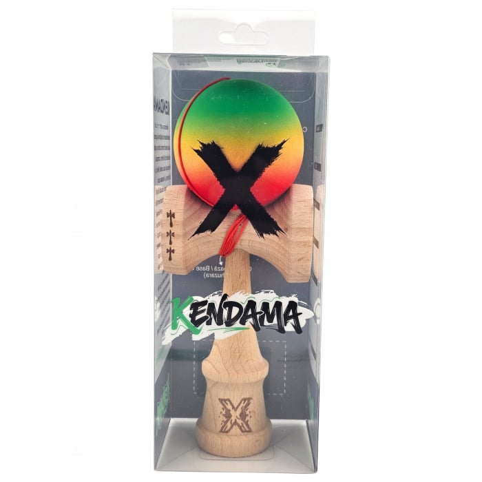 Kendama X Originala, Profesionala, Flippy, din Lemn, Big Cups, Rubber Grip, 18 cm, Verde/Galben/Rosu [1]
