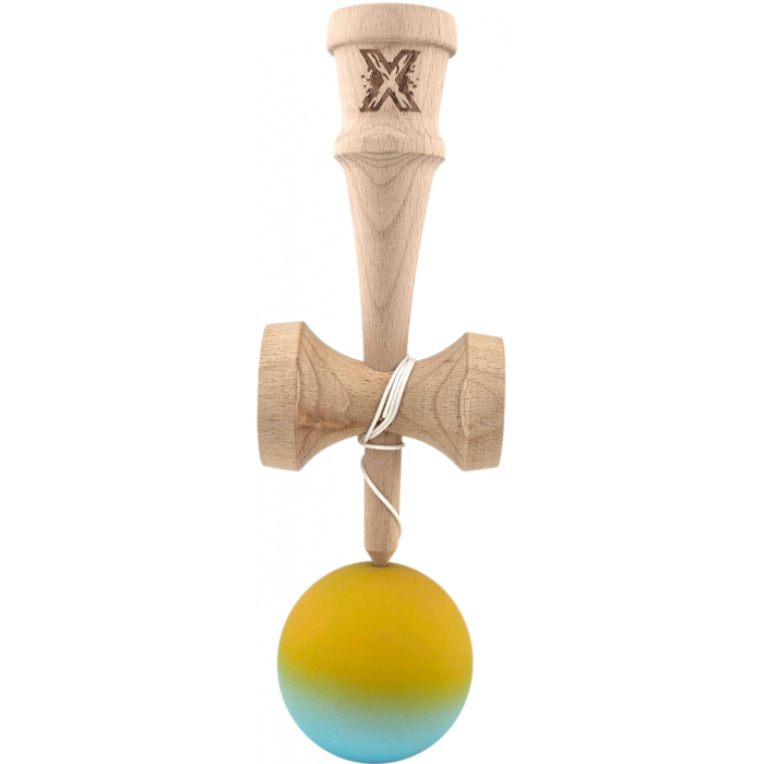 Kendama X Originala, Profesionala, Flippy, din Lemn, Rubber Grip, 18 cm, Galben/Albastru [2]