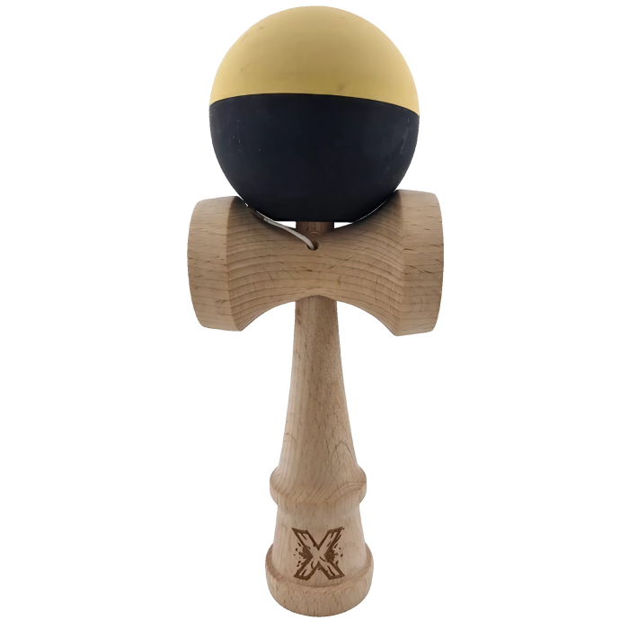 Kendama X Originala, Profesionala, Flippy, din Lemn, Rubber Grip, 18 cm, Galben/Negru [2]