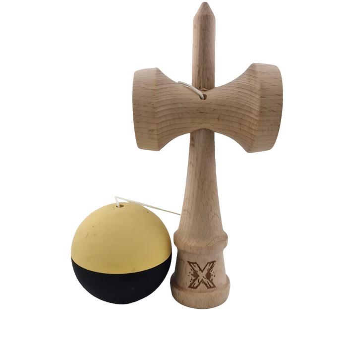 Kendama X Originala, Profesionala, Flippy, din Lemn, Rubber Grip, 18 cm, Galben/Negru [3]