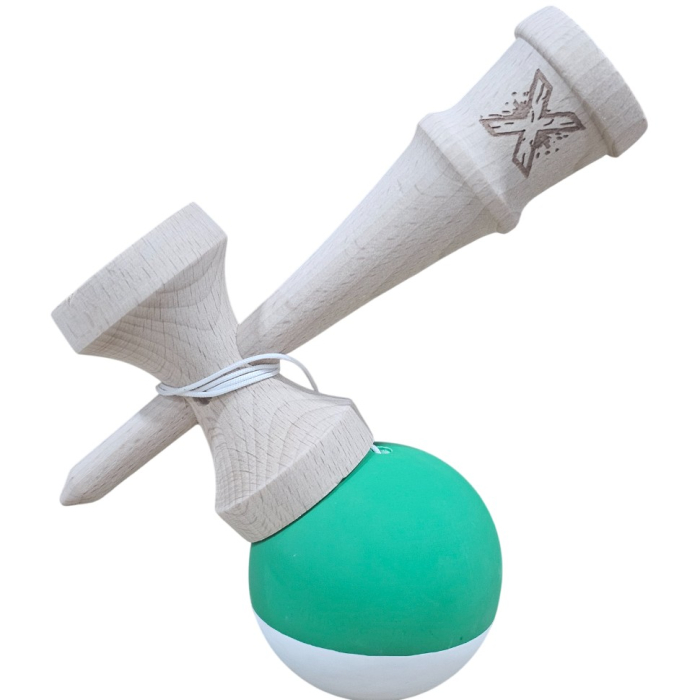 Kendama X Originala, Profesionala, Flippy, din Lemn, 18 cm, Rubber Grip, Verde Alb [3]