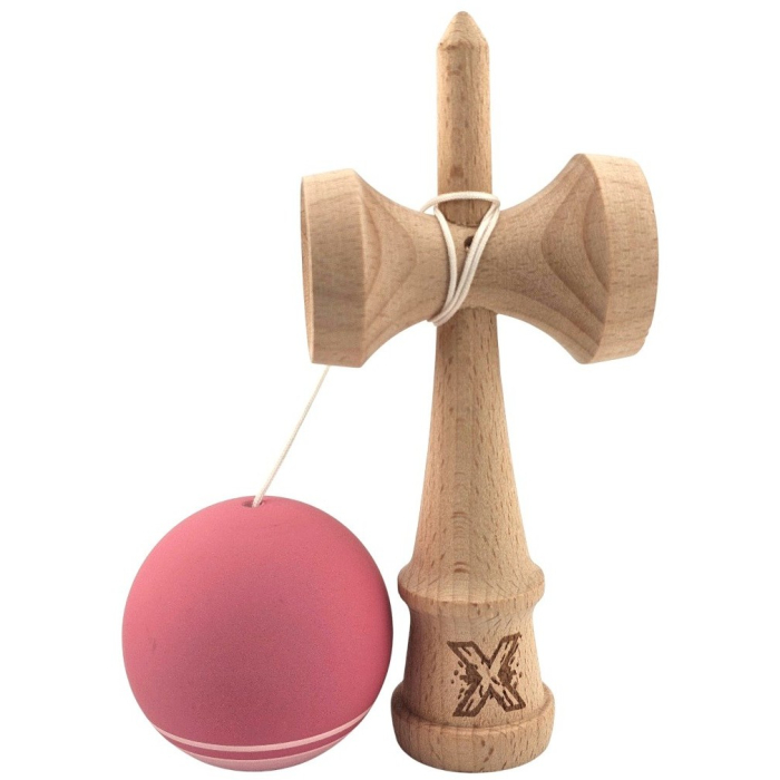 Kendama X Originala, Profesionala, Flippy, din Lemn, Rubber Grip, 18 cm, Roz/Alb [2]