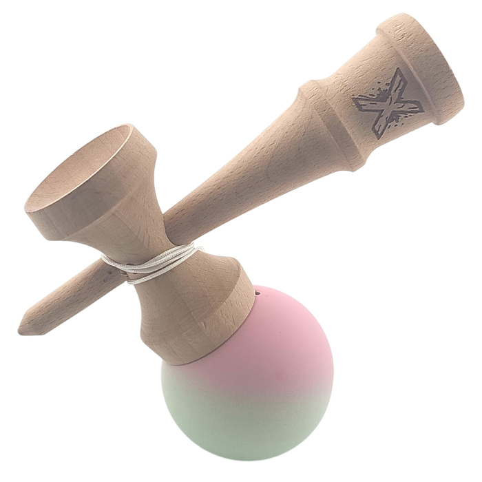 Kendama X Originala, Profesionala, Flippy, din Lemn, Rubber Grip, 18 cm, Roz/Verde [3]