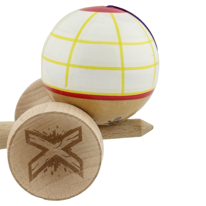 Kendama X Originala, Profesionala, Flippy, Legendary Glob, Cupe Mari KING SIZE V3, Super Sticky, Gaura in Baza, Rulment Metalic, din lemn 18 cm, Ata 55 cm, Alb/Galben/Rosu [8]