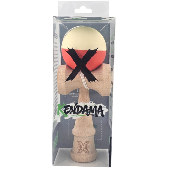 Kendama X Originala, Profesionala, Flippy, Rubber Grip, din Lemn, 18 cm, Galben deschis/Rosu [2]