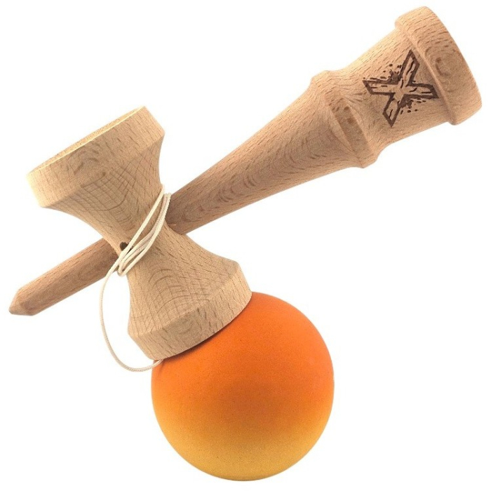 Kendama X Originala, Profesionala, Flippy, Rubber Grip, din Lemn, 18 cm, Portocaliu/Galben [3]