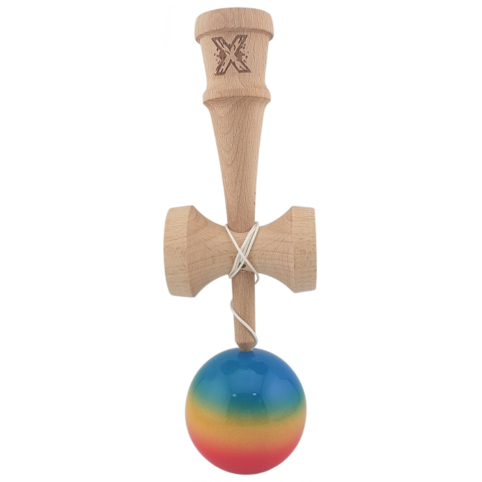Kendama X Originala, Profesionala, Flippy, Super Sticky din Lemn, 18 cm, Gradient Rosu/Galben/Albastru [3]