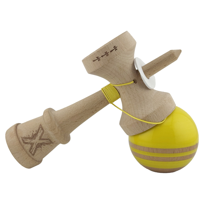 Kendama X Originala RAINBOW, Profesionala, Flippy, Cupe Mari KING SIZE V3, Super Sticky, Gaura in Baza, Rulment Metalic, din lemn 18 cm, Ata 55 cm, Galben/Maro [5]