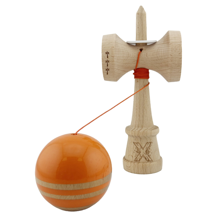 Kendama X Originala RAINBOW, Profesionala, Flippy, Cupe Mari KING SIZE V3, Super Sticky, Gaura in Baza, Rulment Metalic, din lemn 18 cm, Ata 55 cm, Portocaliu/Maro [4]