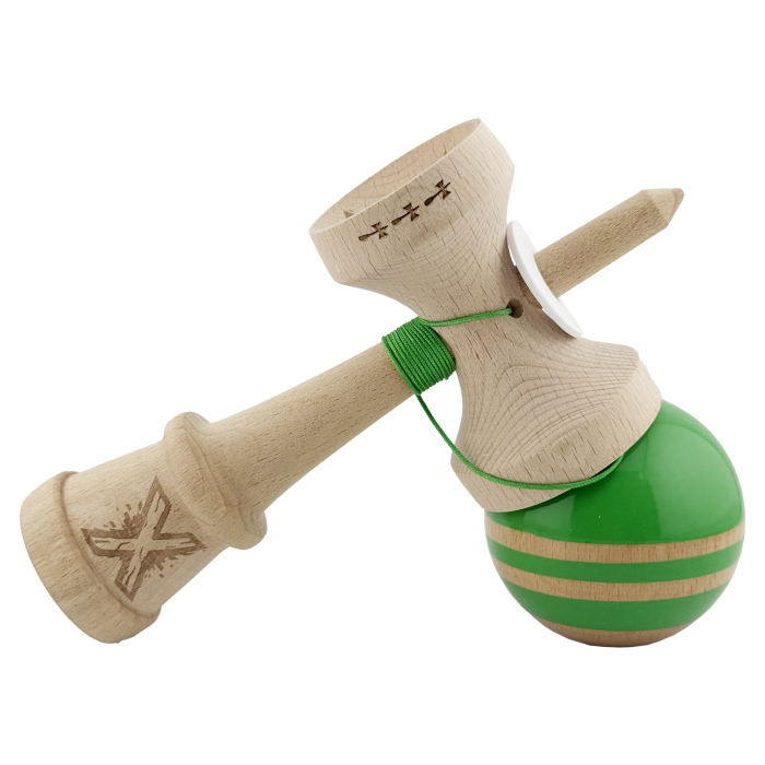 Kendama X Originala RAINBOW, Profesionala, Flippy, Cupe Mari KING SIZE V3, Super Sticky, Gaura in Baza, Rulment Metalic, din lemn 18 cm, Ata 55 cm, Verde/Maro [5]