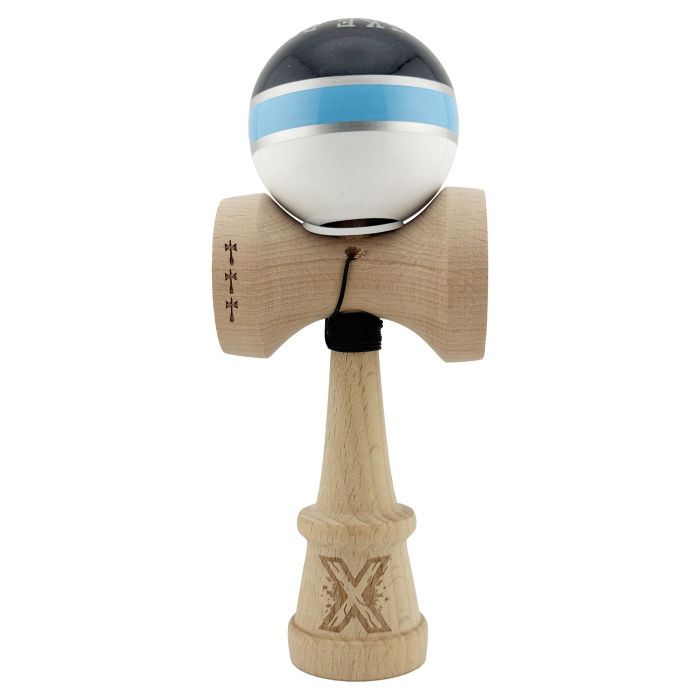 Kendama X Originala ROYAL SPIKE, Profesionala, Flippy, Cupe Mari KING SIZE V3, Super Sticky, Gaura in Baza, Rulment Metalic, din lemn 18 cm, Ata 55 cm, Inel Albastru deschis [2]