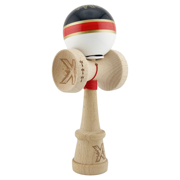 Kendama X Originala ROYAL SPIKE, Profesionala, Flippy, Cupe Mari KING SIZE V3, Super Sticky, Gaura in Baza, Rulment Metalic, din lemn 18 cm, Ata 55 cm, Inel Rosu [1]