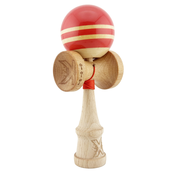 Kendama X Rainbow Originala, Profesionala, Flippy, Big Cups V2, Super Sticky cu Cupe Mari, Rulment Metalic, din lemn 18 cm, Ata 55 cm, Rosu/Maro [10]