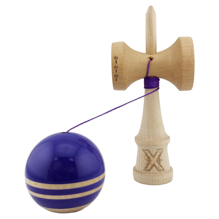Kendama X Rainbow Originala, Profesionala, Flippy, Big Cups V2, Super Sticky cu Cupe Mari, Rulment Metalic, din lemn 18 cm, Ata 55 cm, Violet/Maro [3]