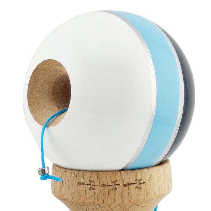Kendama X ROYAL SPIKE Originala, Profesionala, Flippy, Big Cups V2, Super Sticky cu Cupe Mari, Rulment Metalic, din lemn 18 cm, Ata 55 cm, Negru/Albastru Silver/Alb [6]
