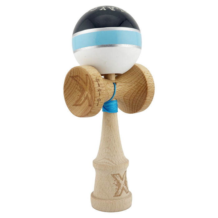 Kendama X ROYAL SPIKE Originala, Profesionala, Flippy, Big Cups V2, Super Sticky cu Cupe Mari, Rulment Metalic, din lemn 18 cm, Ata 55 cm, Negru/Albastru Silver/Alb [10]