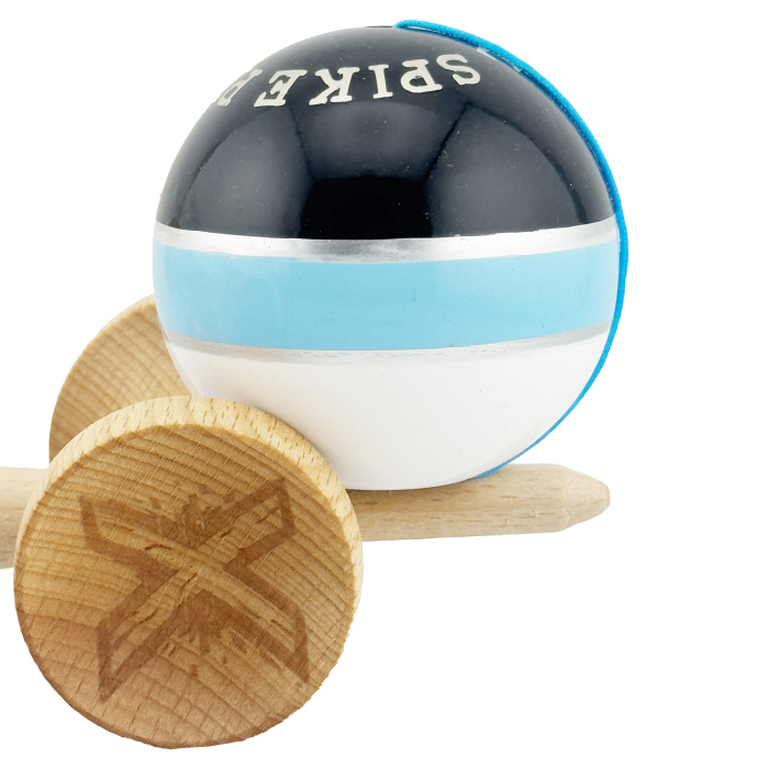 Kendama X ROYAL SPIKE Originala, Profesionala, Flippy, Big Cups V2, Super Sticky cu Cupe Mari, Rulment Metalic, din lemn 18 cm, Ata 55 cm, Negru/Albastru Silver/Alb [8]