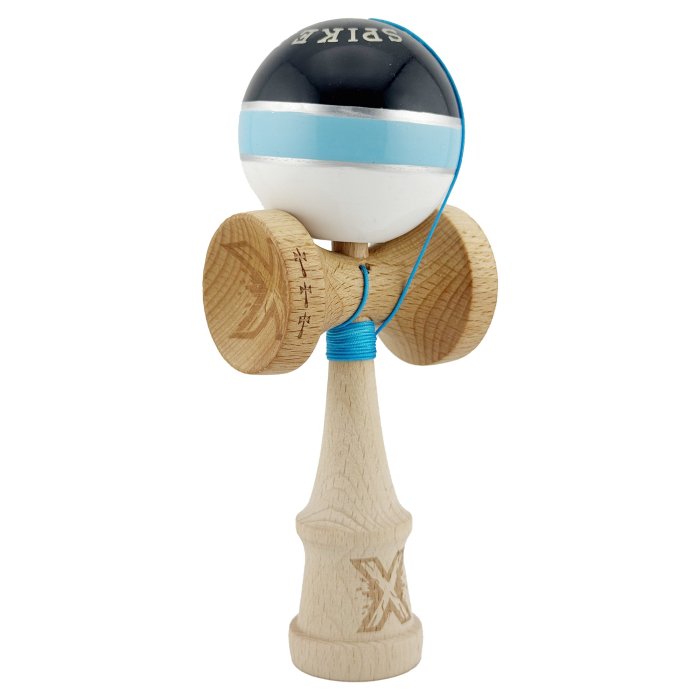 Kendama X ROYAL SPIKE Originala, Profesionala, Flippy, Big Cups V2, Super Sticky cu Cupe Mari, Rulment Metalic, din lemn 18 cm, Ata 55 cm, Negru/Albastru Silver/Alb [2]