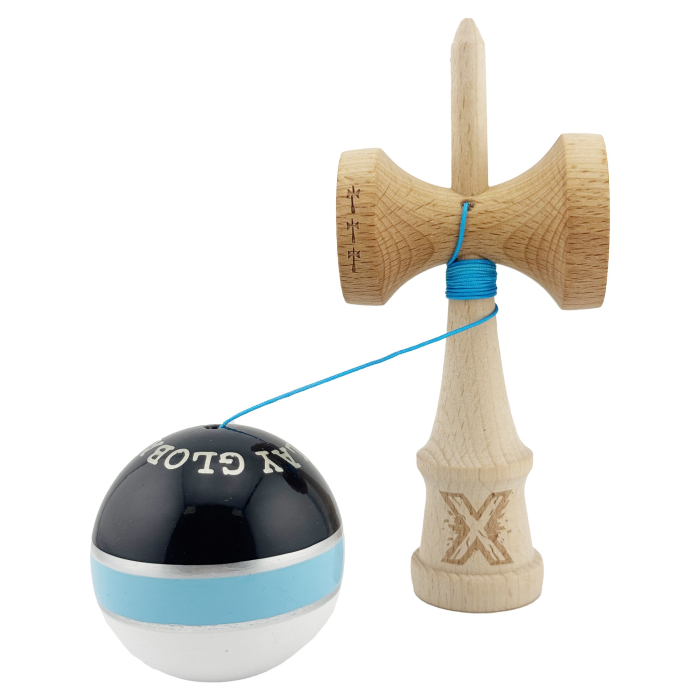 Kendama X ROYAL SPIKE Originala, Profesionala, Flippy, Big Cups V2, Super Sticky cu Cupe Mari, Rulment Metalic, din lemn 18 cm, Ata 55 cm, Negru/Albastru Silver/Alb [3]