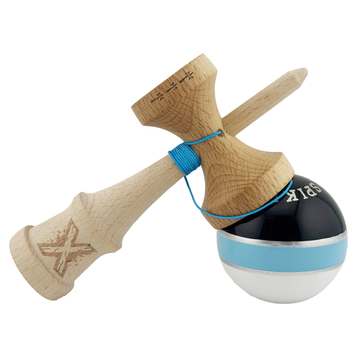 Kendama X ROYAL SPIKE Originala, Profesionala, Flippy, Big Cups V2, Super Sticky cu Cupe Mari, Rulment Metalic, din lemn 18 cm, Ata 55 cm, Negru/Albastru Silver/Alb [4]
