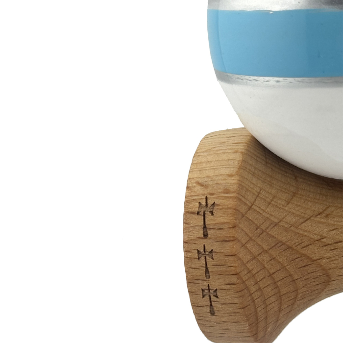 Kendama X ROYAL SPIKE Originala, Profesionala, Flippy, Big Cups V2, Super Sticky cu Cupe Mari, Rulment Metalic, din lemn 18 cm, Ata 55 cm, Negru/Albastru Silver/Alb [7]