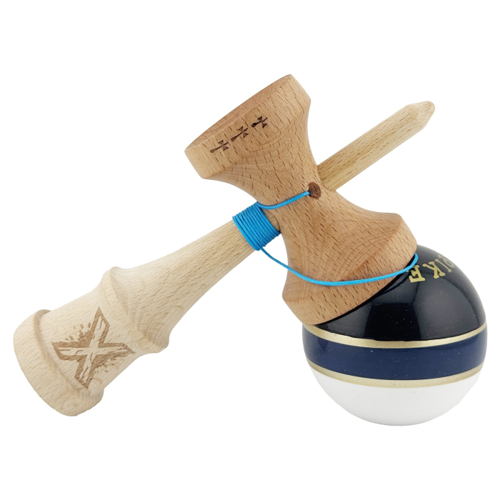Kendama X ROYAL SPIKE Originala, Profesionala, Flippy, Big Cups V2, Super Sticky cu Cupe Mari, Rulment Metalic, din lemn 18 cm, Ata 55 cm, Negru/Dark Blue Gold/Alb [4]