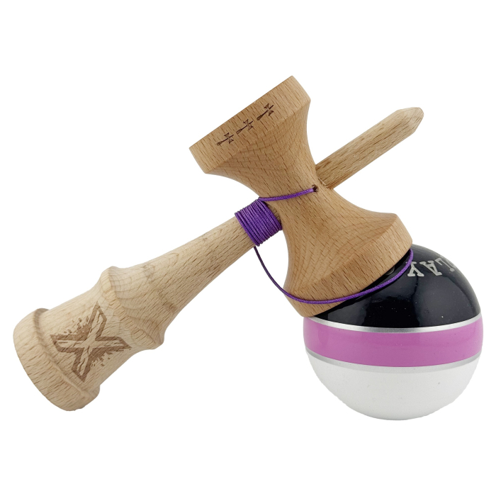 Kendama X ROYAL SPIKE Originala, Profesionala, Flippy, Big Cups V2, Super Sticky cu Cupe Mari, Rulment Metalic, din lemn 18 cm, Ata 55 cm, Negru/Roz Silver/Alb [4]