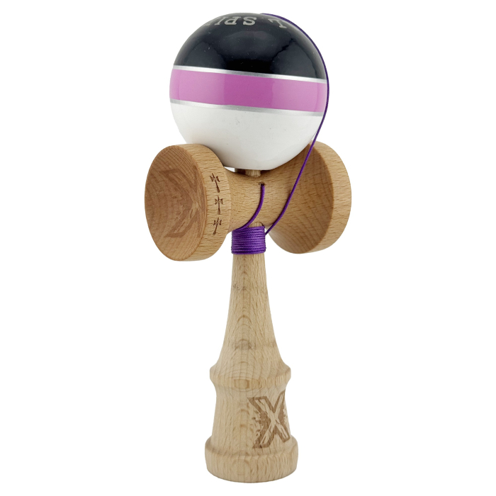 Kendama X ROYAL SPIKE Originala, Profesionala, Flippy, Big Cups V2, Super Sticky cu Cupe Mari, Rulment Metalic, din lemn 18 cm, Ata 55 cm, Negru/Roz Silver/Alb [2]