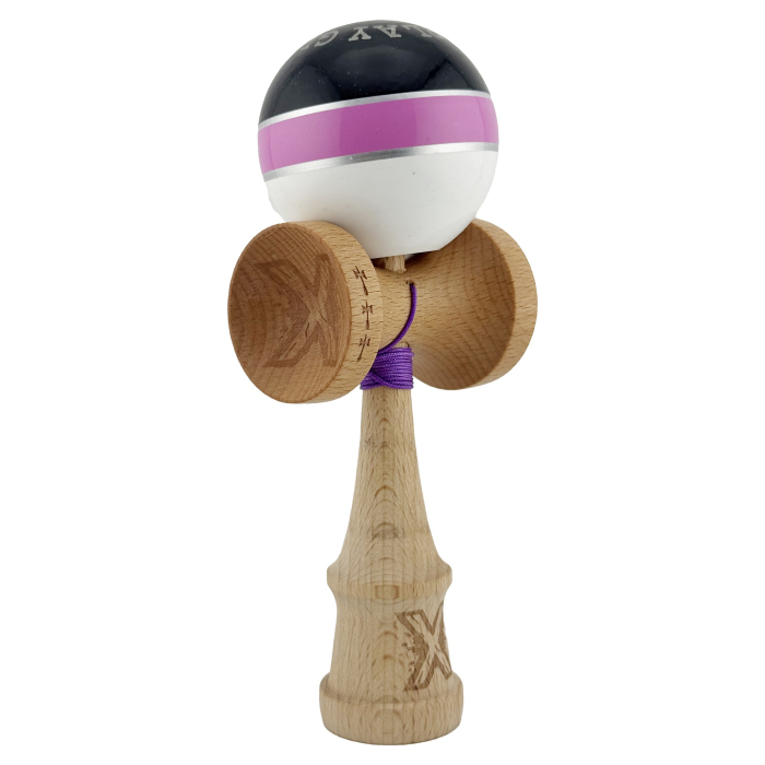 Kendama X ROYAL SPIKE Originala, Profesionala, Flippy, Big Cups V2, Super Sticky cu Cupe Mari, Rulment Metalic, din lemn 18 cm, Ata 55 cm, Negru/Roz Silver/Alb [10]