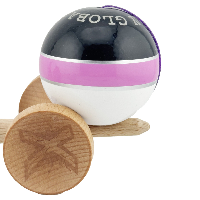 Kendama X ROYAL SPIKE Originala, Profesionala, Flippy, Big Cups V2, Super Sticky cu Cupe Mari, Rulment Metalic, din lemn 18 cm, Ata 55 cm, Negru/Roz Silver/Alb [8]