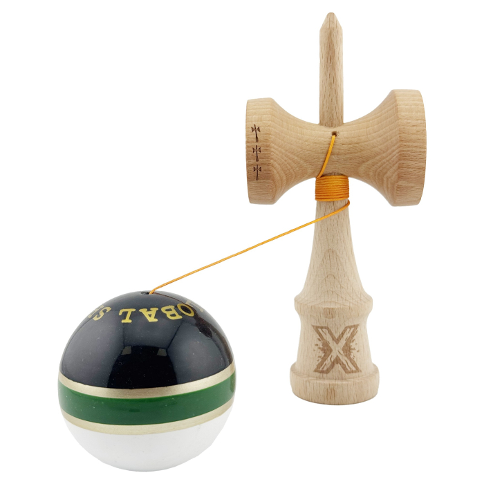 Kendama X ROYAL SPIKE Originala, Profesionala, Flippy, Big Cups V2, Super Sticky cu Cupe Mari, Rulment Metalic, din lemn 18 cm, Ata 55 cm, Negru/Verde Gold/Alb [3]